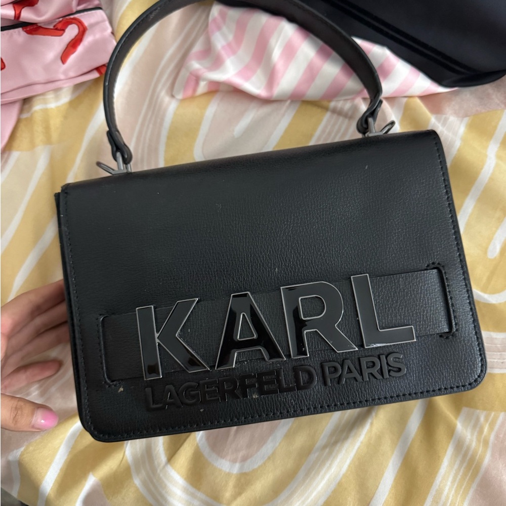 Karl Lagerfeld Black Shoulder Bag with Embossed Logo